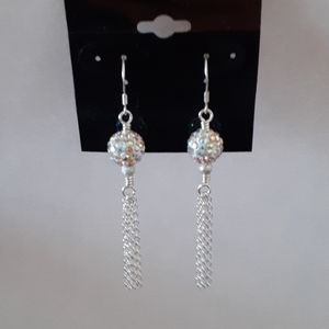 Sparkly Silver Chain Pave Bead Dangly Pierced Earrings T118